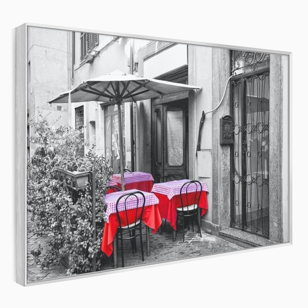 Tablou canvas cu cafenea stradala vintage alb negru cu pete de rosu, in rama de aluminiu argintiu